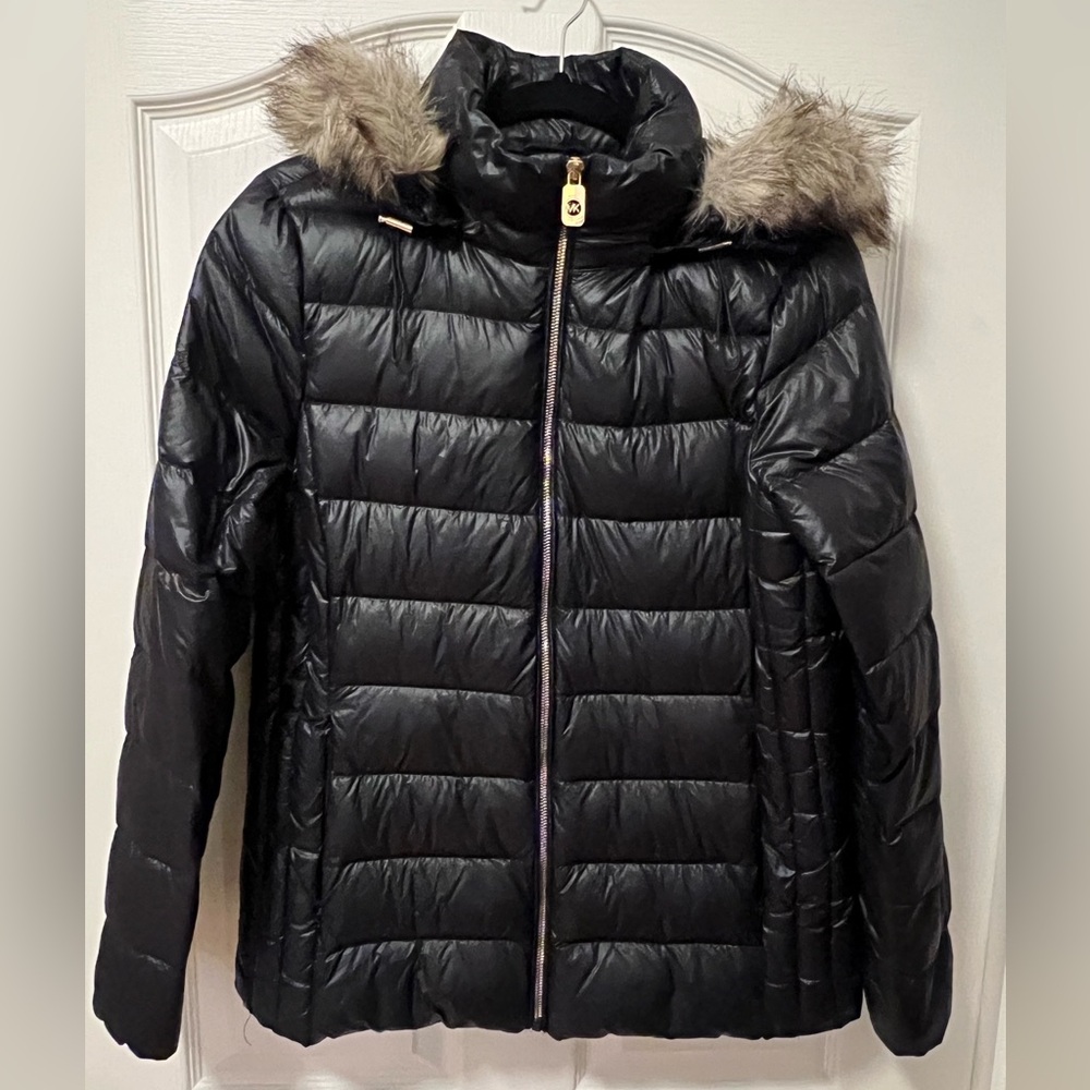 Michael Kors Black Puffer Jacket with Faux Fur Trim